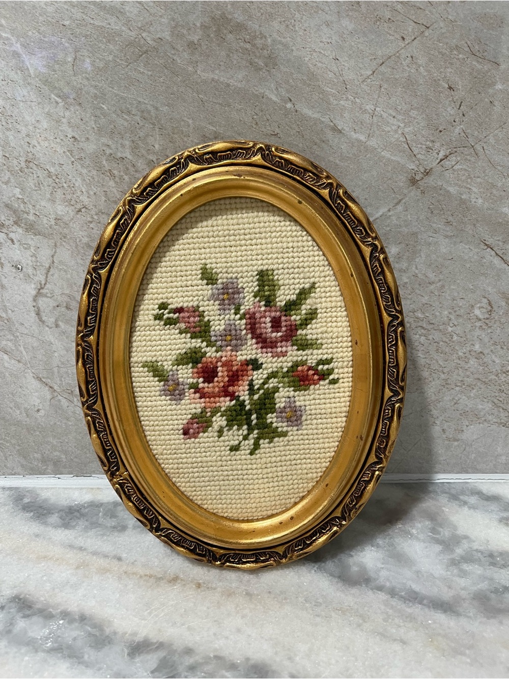 Vintage Oval Gold Frame Rose Needlepoint Floral Wall Art Cottagecore 8x6